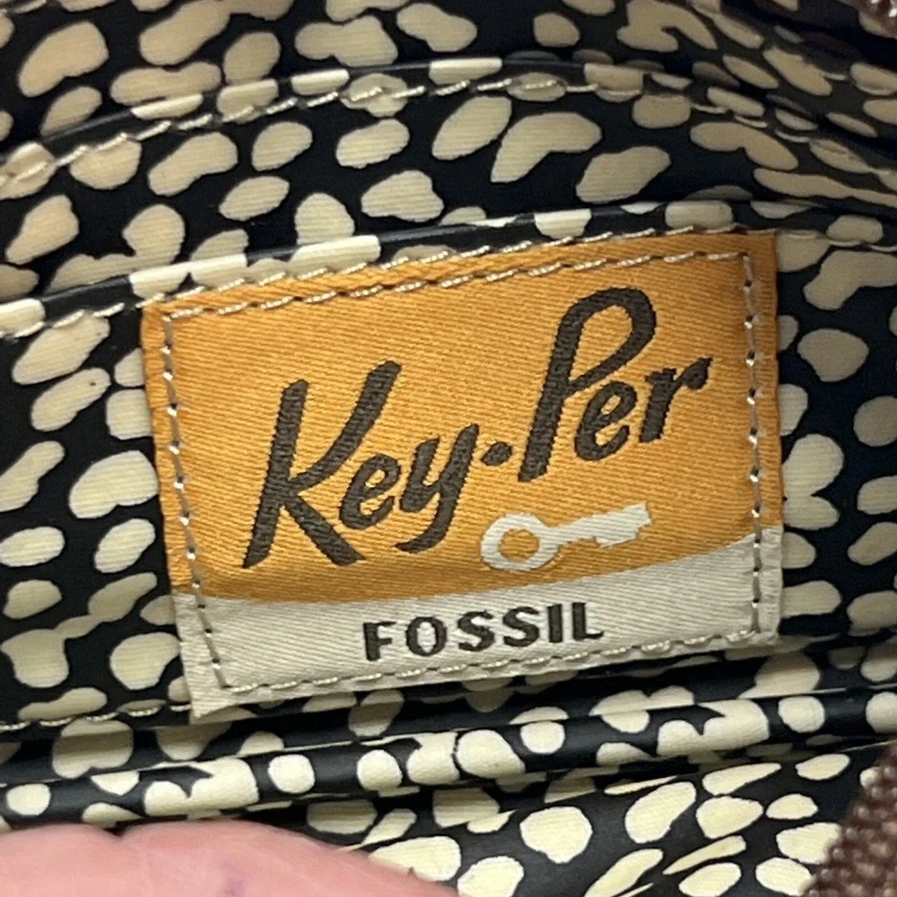 Fossil Wristlet Wallet Key Per Brown Coated‎ Canvas Geometrical Retro Print 70s